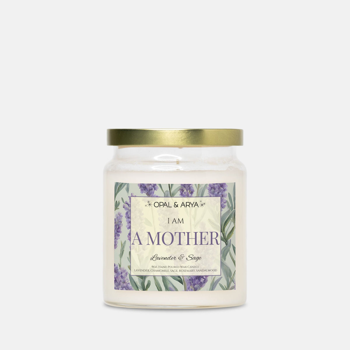 A white jar candle with a gold lid, labeled 'I AM A MOTHER' with lavender and sage imagery.